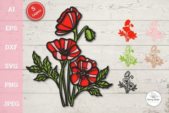 3D SVG Poppy Flowers for Paper Crafts